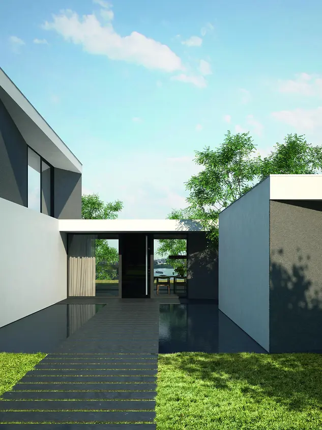 Abitazione moderna con porta d’ingresso Schüco automatizzata integrata in sistema Smart Home