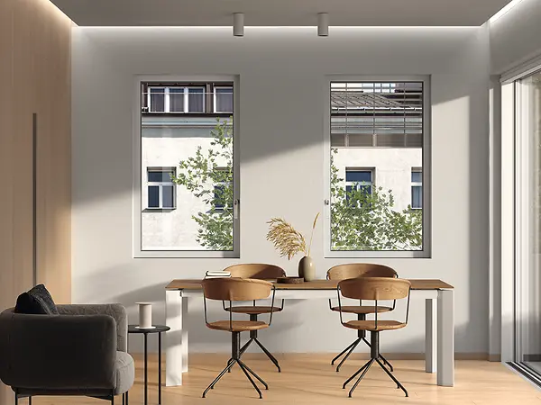 Finestra panoramica Schüco AWS 75 PD.SI con profili ridotti e apertura verso l’esterno