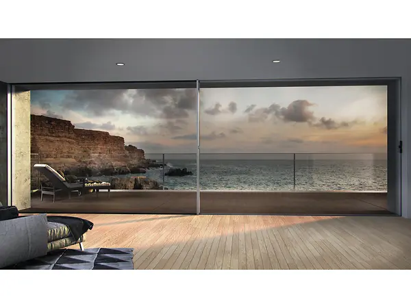 Scorrevole panoramico Schüco ASE 67 PD con ampie superfici vetrate e design minimale