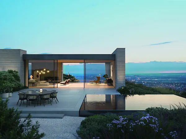 Abitazione moderna con scorrevole panoramico Schüco aperto su terrazza con vista