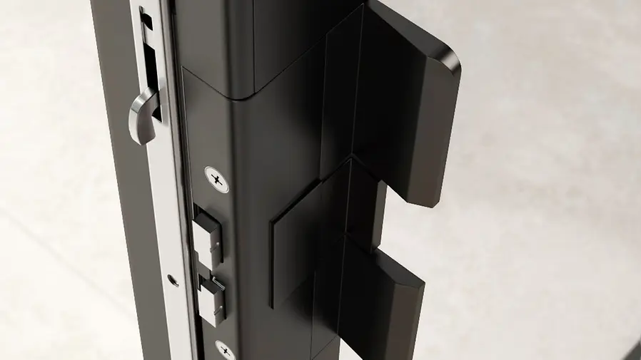 Dettaglio interno maniglia per scorrevole panoramico Schüco in alluminio nero