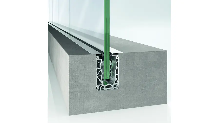 Dettaglio tecnico parapetto Schüco AR FG 300 con incasso nel pavimento