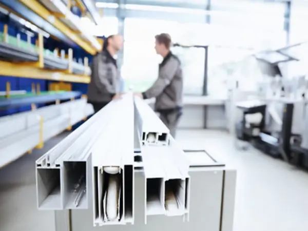 Due tecnici Schüco discutono all’interno di un’officina attrezzata con profili in alluminio