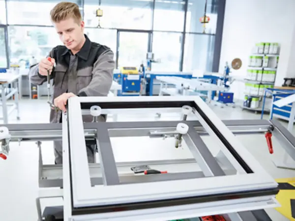 Tecnico specializzato Schüco assembla un prototipo di finestra in alluminio all’interno dell’Officina Pilota di Padova