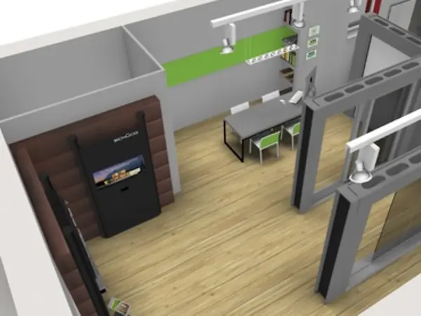 Vista d’insieme del Concept Showroom Schüco Italia, uno spazio modulare e flessibile pensato per i Partner serramentisti