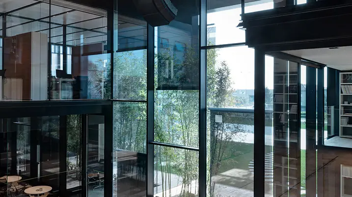 Interno luminoso di Theatro con ampie superfici vetrate, alberi integrati e spazi dedicati al lavoro