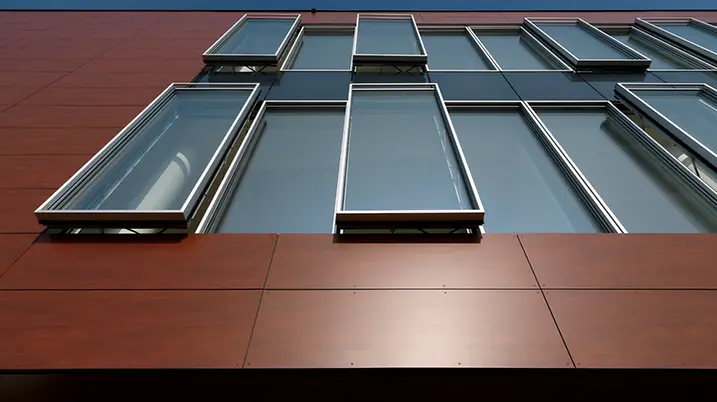 Dettaglio della facciata della sede Schüco Italia con sistemi in alluminio e vetro, schermature e linee architettoniche moderne.