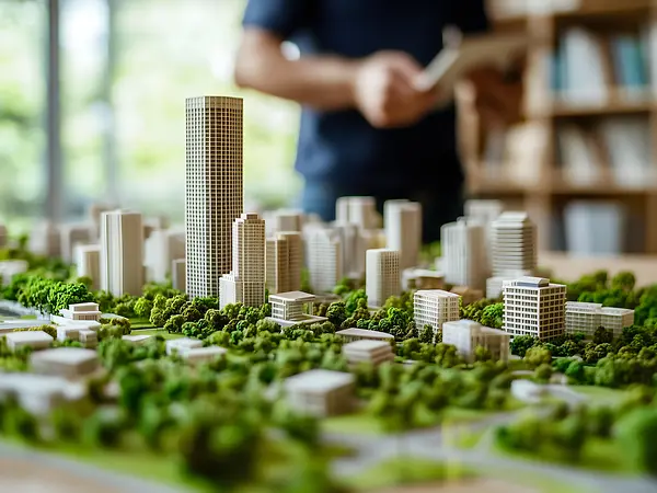 Plastico architettonico che rappresenta una città sostenibile con edifici e ampie aree verdi