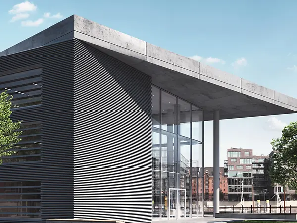 Edificio moderno con facciata in alluminio Schüco, esempio di progettazione sostenibile secondo il modello C2C.