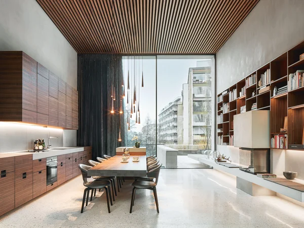 Modernes Wohnzimmer mit großflächigen Schüco Silence Schallschutzfenstern und Blick auf die Stadt