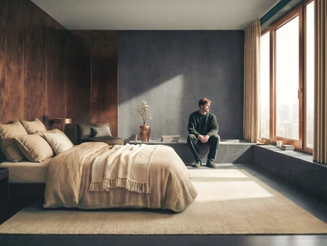 Mann sitzt in stylischem Schlafzimmer und schaut durch ein Schüco Fenster nach draussen