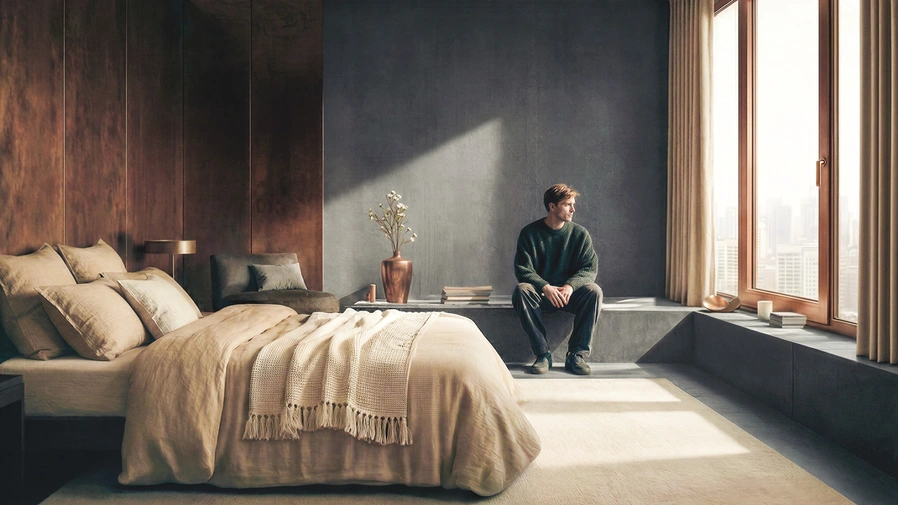 Mann sitzt in stylischem Schlafzimmer und schaut durch ein Schüco Fenster nach draussen