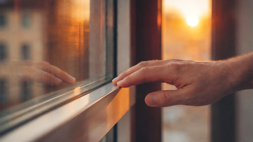 Materialauswahl eines Fensters mit Hand, die den Rahmen berührt 