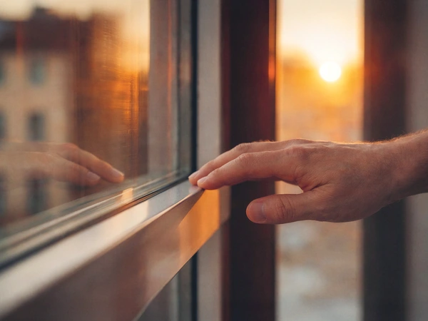 Materialauswahl eines Fensters mit Hand, die den Rahmen berührt 