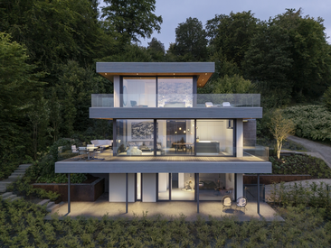 Dreistöckige Villa mit vielen Schüco Fenster und Schiebeelementen