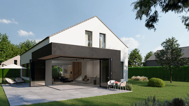Modernes Wohnhaus mit geöffneter Schüco Faltschiebetür, großer Terrasse und fließendem Übergang zwischen Wohnraum und Garten