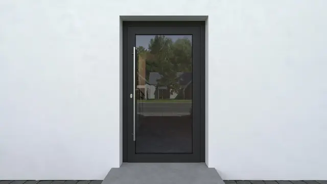 Schüco Haustür mit Ganzglas Design, großer Glasfläche, schlankem Rahmen und Griffstange