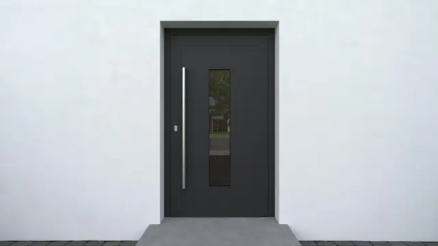 Schüco Haustür mit klassischer Türfüllung, schmalem Glaseinsatz und Griffstange